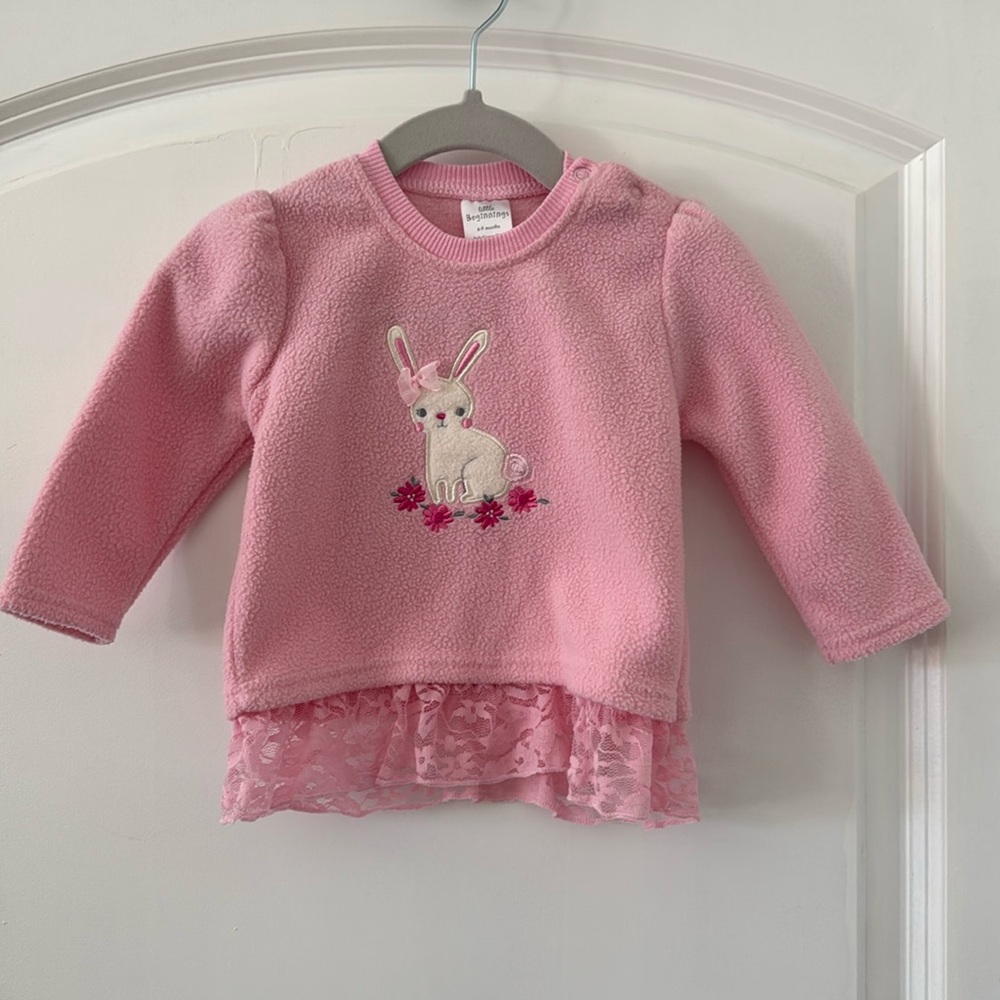 Little Beginnings Baby Girl Pink Fleece Pullover Bunny Shirt, Easter, Size 6-9 M
